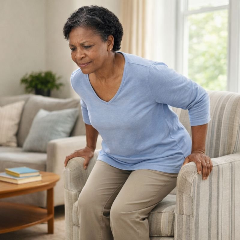 Adult experiencing joint stiffness when getting up from chair - Common joint discomfort experience