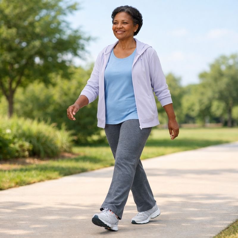 Mature adult walking comfortably with confident stride - Active lifestyle with joint support